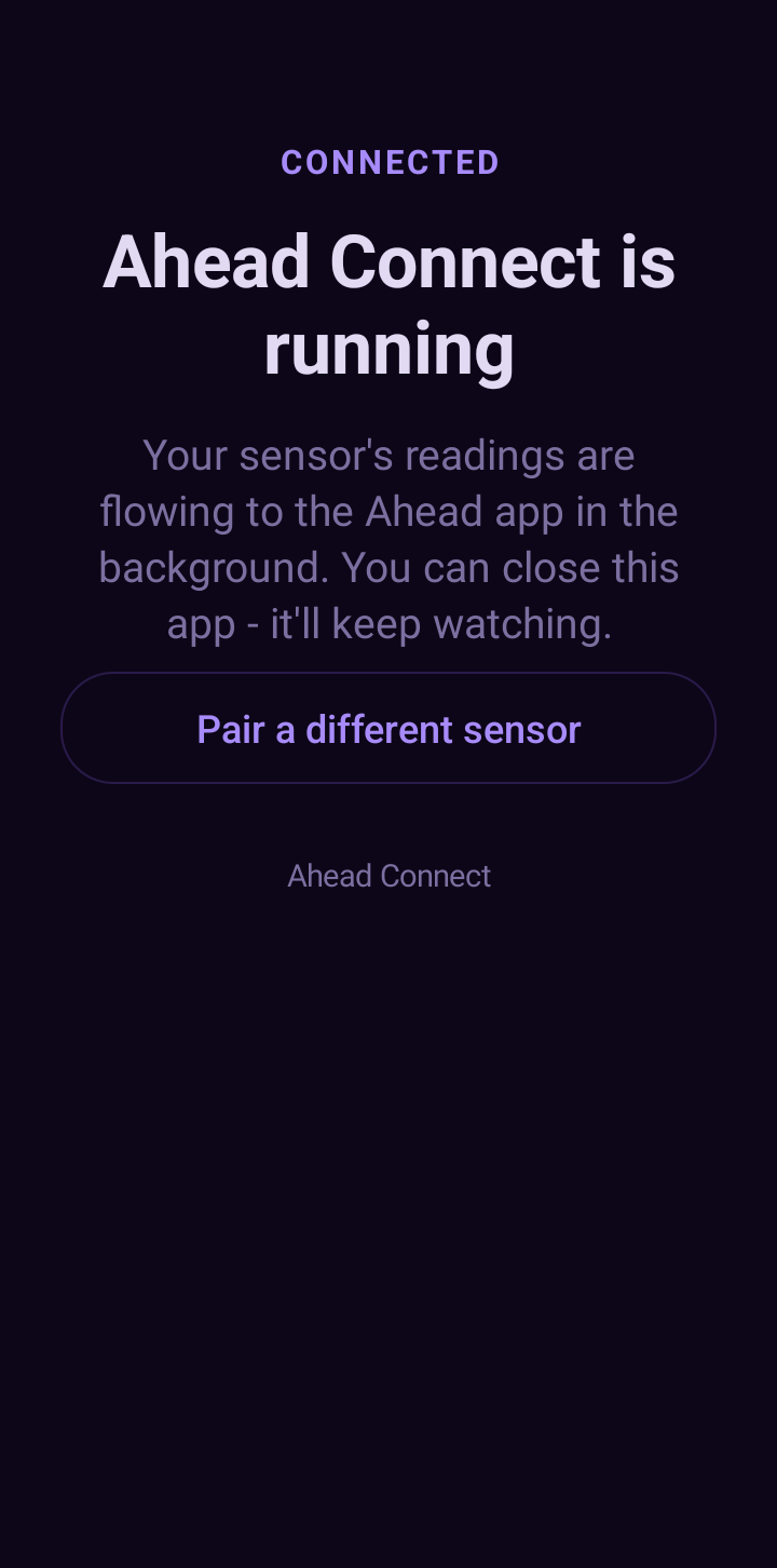 AheadBLE, shown on the phone as Ahead Connect, saying it is running and readings are flowing to Ahead